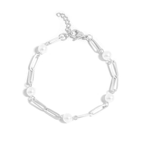 18K Gold PVD Steel Station Pearl Paperclip Chain Bracelet - Stainless