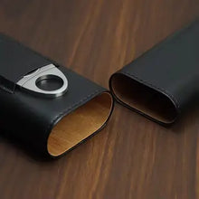 Genuine Leather Cigar Case, Wood Lined Humidor with Cutter - Black
