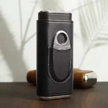Genuine Leather Cigar Case, Wood Lined Humidor with Cutter - Black