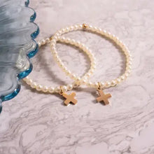 18K Gold Pvd Cross Charm Pearl Beaded Bracelet
