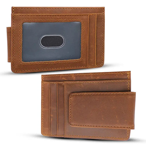 Genuine Leather Wallet with Magnet Clip - Brown