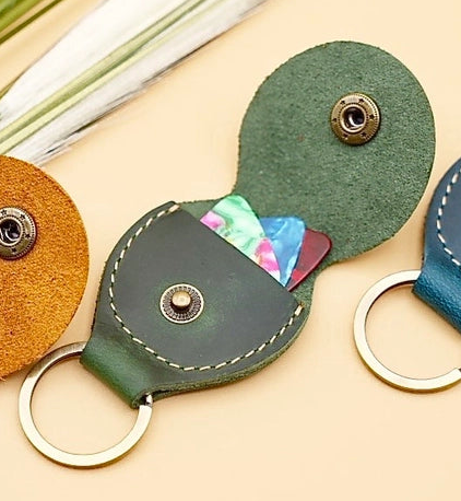 Genuine Leather Guitar Pick Holder and Keychain Organizer - Green
