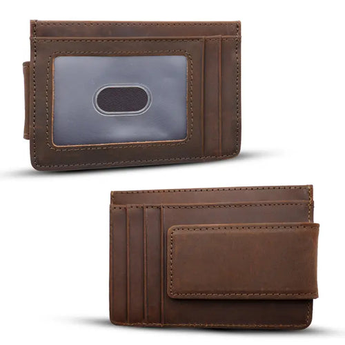 Genuine Leather Wallet with Magnet Clip - Dark Brown