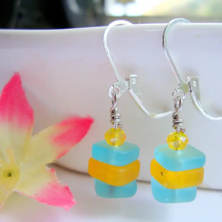 Triple Square Sea Glass Earrings - Light Blue/Yellow