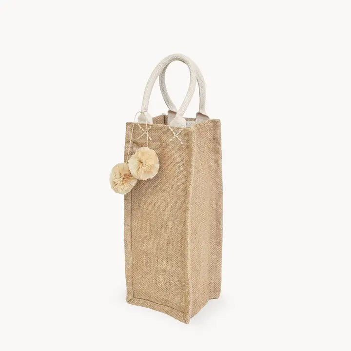 Burlap Jute Canvas Tote with Pompom - Wine Bag