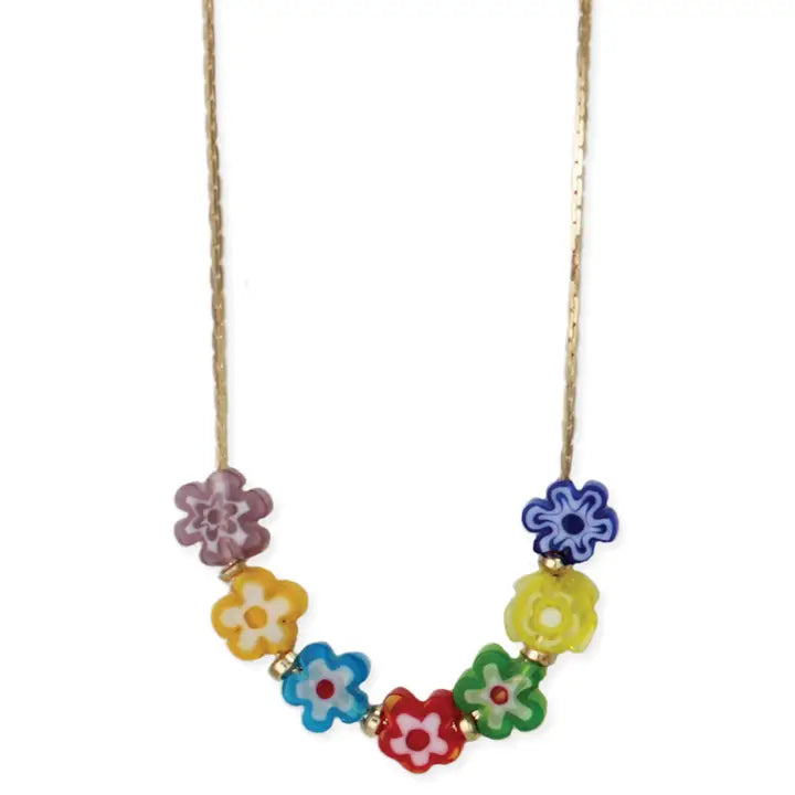 Multicolor Glass Flower Gold Necklace