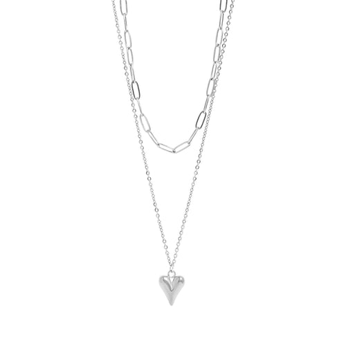 18K Gold PVD Stainless Steel Loop and Paperclip Layered Chain Heart Charm Necklace - Stainless