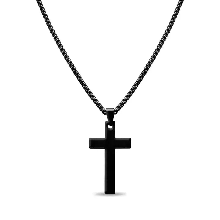 Stainless Steel Box Chain Cross Necklace - Black