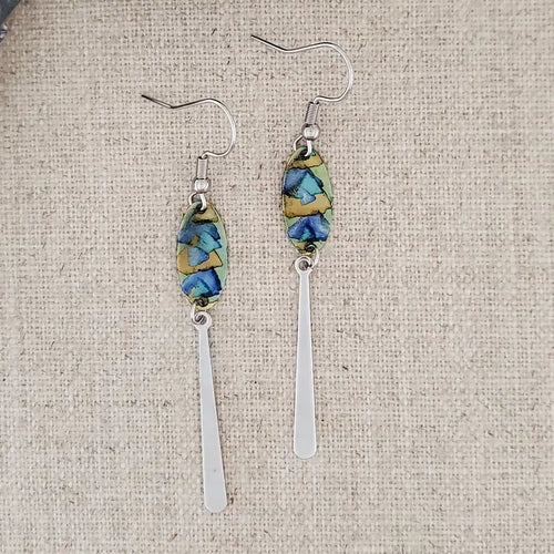 Alcohol Ink Stainless Steel Thin Drop Earrings - Blue/Browns