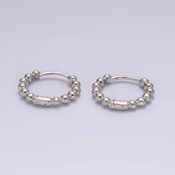 Dainty 14K Gold Filled Beaded Ball Round Bubble Huggie Hoop Earrings - Sterling Silver