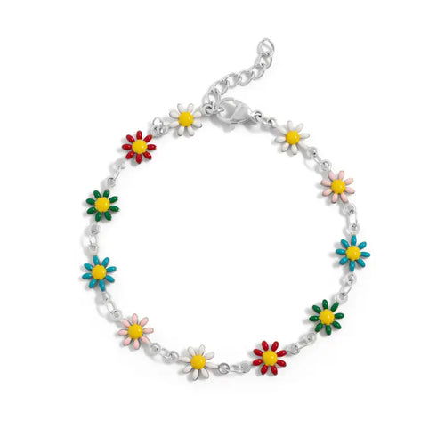 18K Gold PVD Multi Colored Floral Chain Bracelet - Stainless