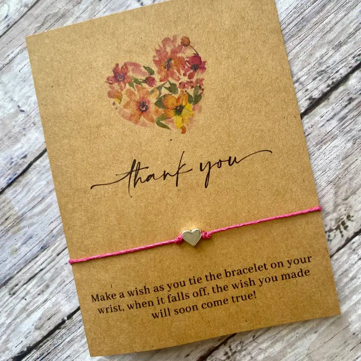 Thank You  (Heart with Flowers) Wish Bracelet - Pink