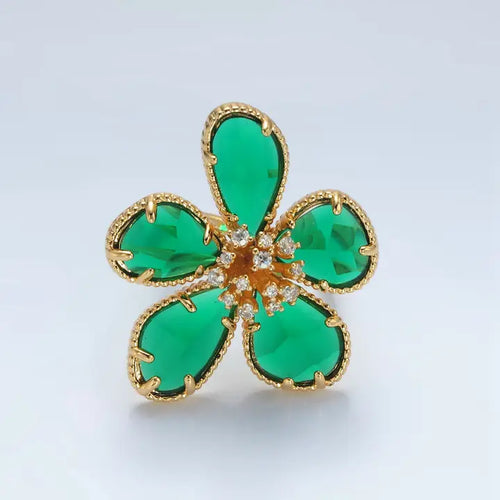 24K Gold Filled Green Acrylic Cubic Zirconia Paved Daisy Ring