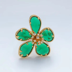 24K Gold Filled Green Acrylic Cubic Zirconia Paved Daisy Ring