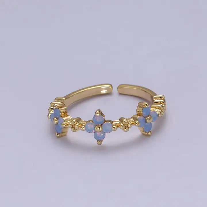 Dainty Blue Opal Flower Ring Open Ring