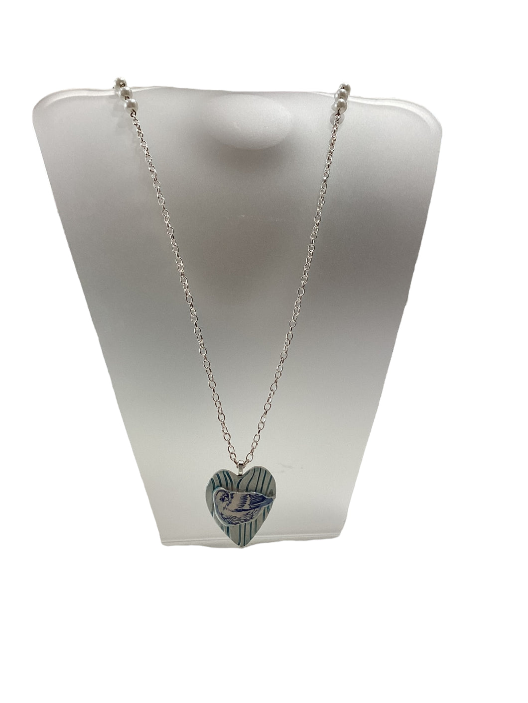 Bird & Heart Blue Porcelain/Ceramic with Silver & Pearl Necklace