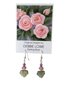 Green Leaves w/ Pink Crystal Earrings
