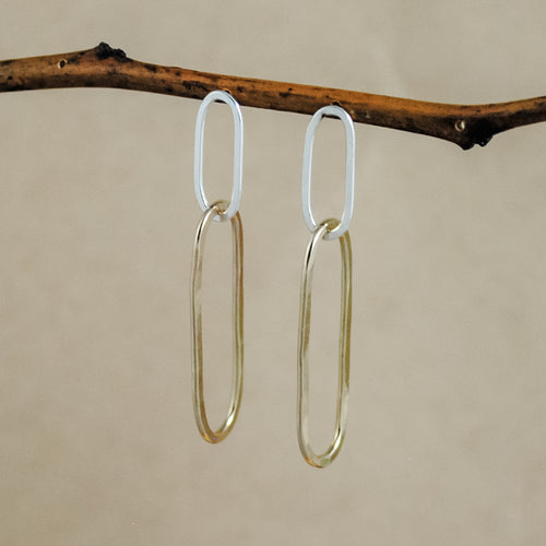 Oval Paperclip Stud Dangle Earrings - mixed metals