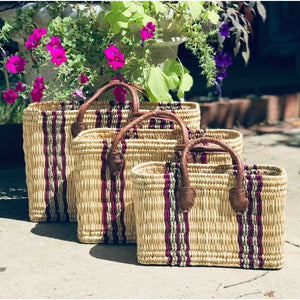 Burgundy Accented Straw Beach Bag - 3 available sizes
