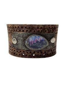 Leather Cuff with Purple Stone set in Handcrafted Bezel