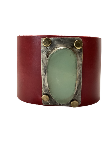 Red Wide Leather Cuff with Light Aqua Stone set in Handcrafted Bezel
