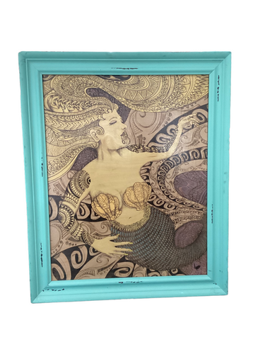 Mermaid Print on Wood in Teal Frame