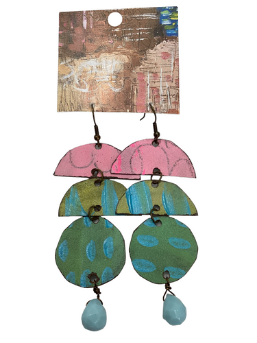 Pink and Mixed Teals Double Half Moon & Circle with Bead Earrings