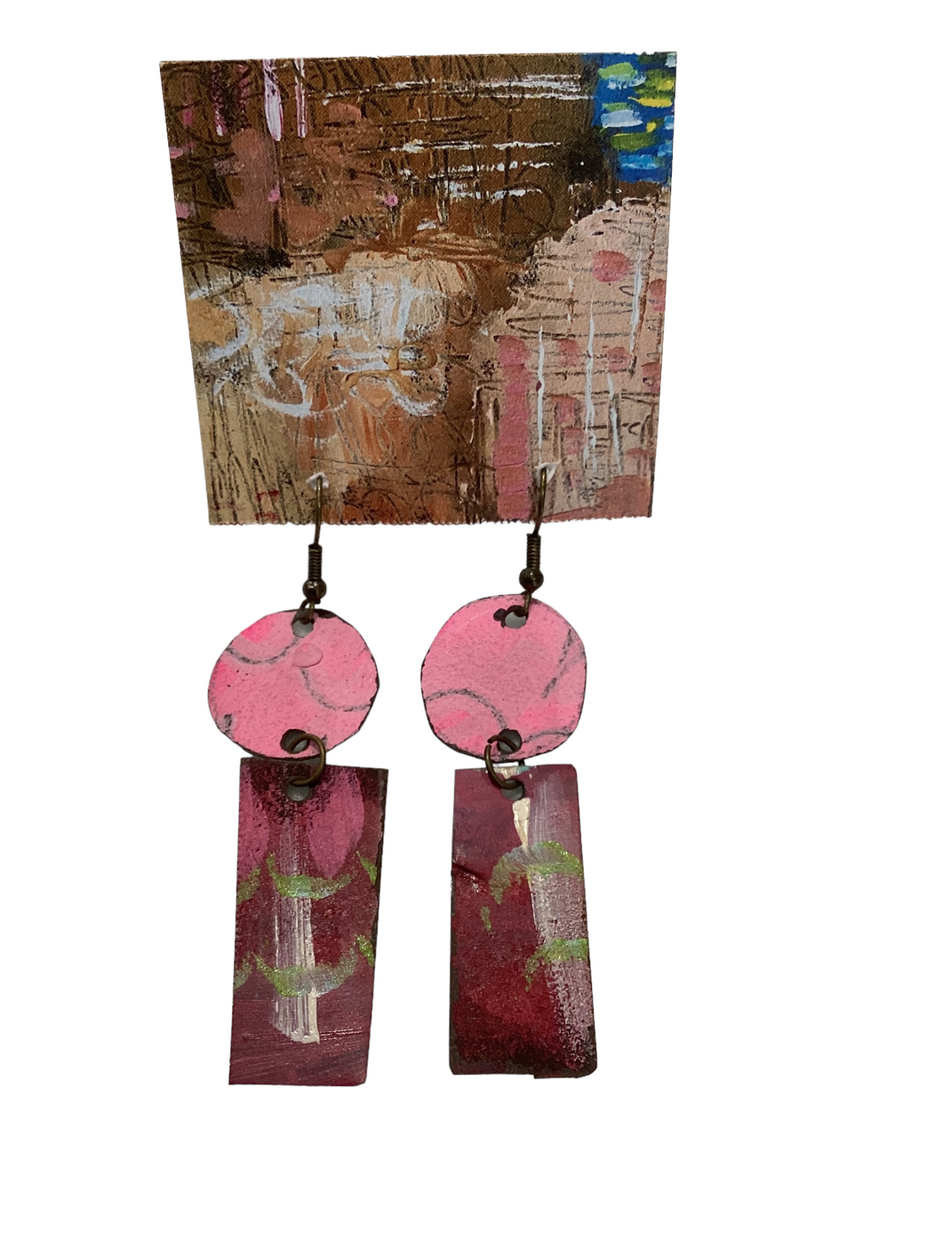 Pink and Mauves Hanging Rectangle & Circle Drop Earrings