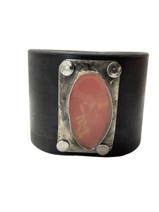 Wide Leather Cuff with Clay Stone set in Handcrafted Bezel