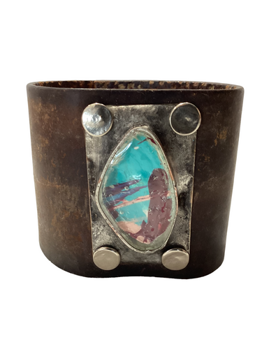 Wide Leather Cuff with Mixed Blue & Mauve Stone set in Handcrafted Bezel
