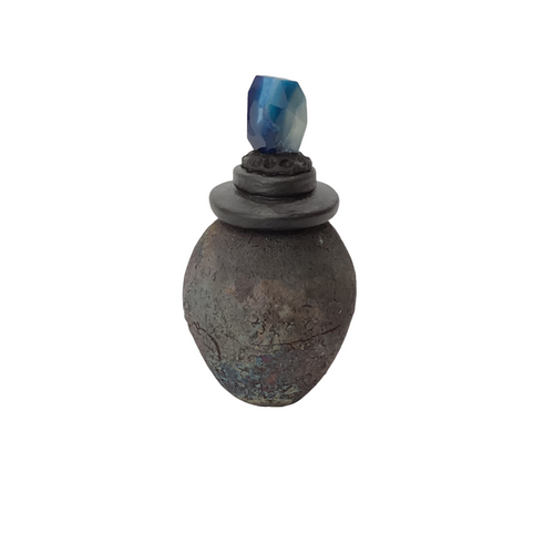 Raku Copper Blue Vessel with blue Agate on Lid