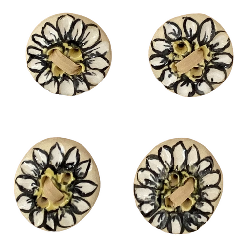 Pottery Buttons - white with black flower design