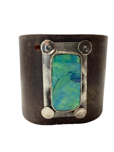 Wide Leather Cuff with Aqua Stone set in Handcrafted Bezel