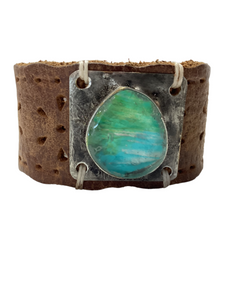 Leather Cuff with Mixed Aqua Stone set in Handcrafted Bezel